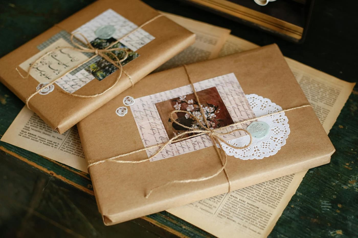 Gifts wrapped in brown kraft paper and tied with twine on a dark surface