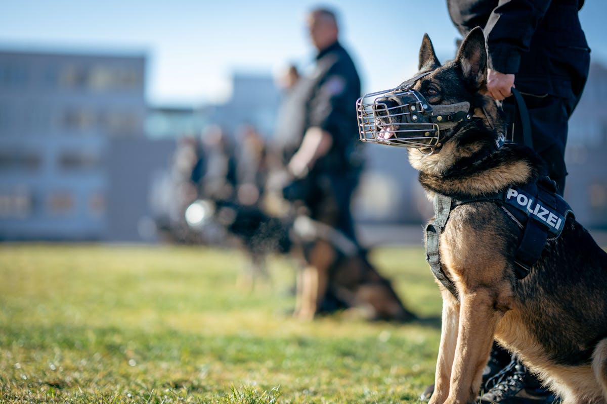 A working dog in a farm or outdoor setting, alert and engaged